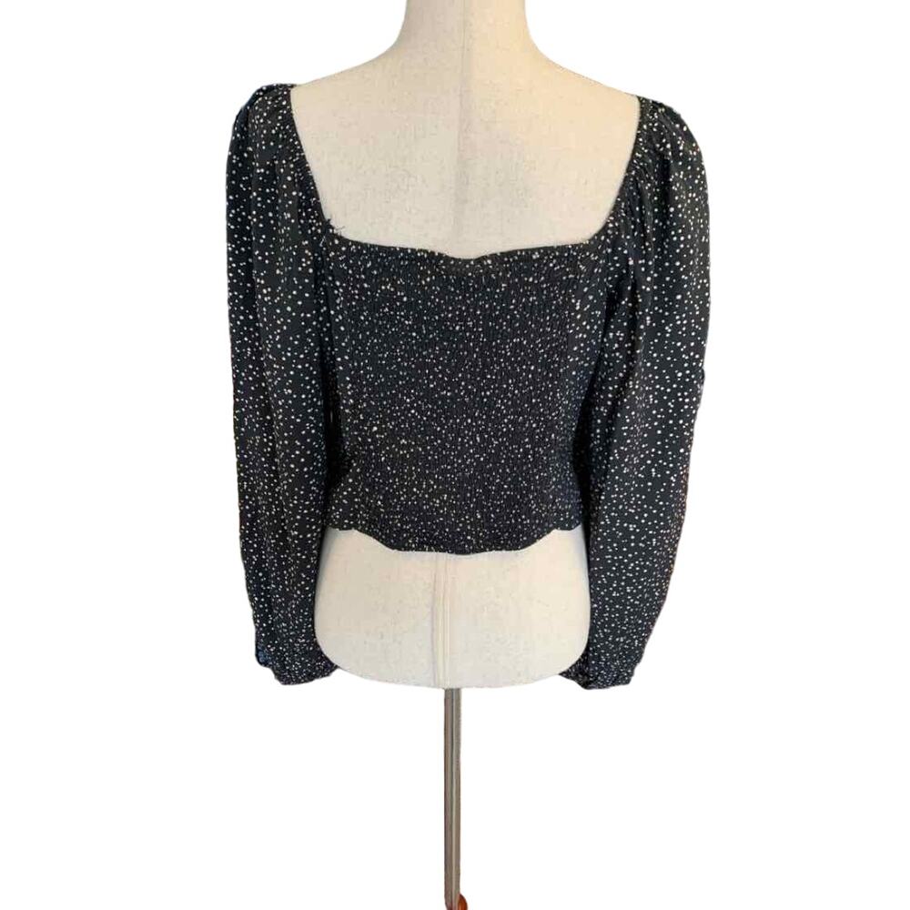 A New Day Boho Black White Balloon Sleeve Blouse Ruched Crop Top Size Medium - Picture 3 of 12